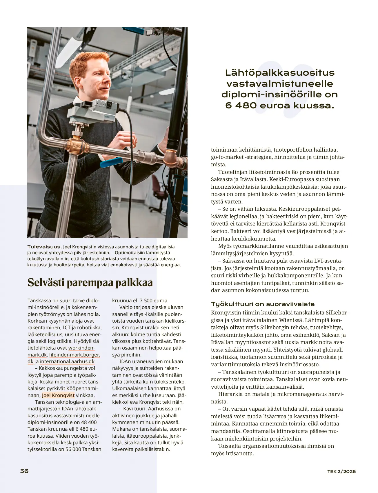 Portræt af Joel Kronqvist i på Navitas, Aarhus til artikel i TEK- lehti 2026